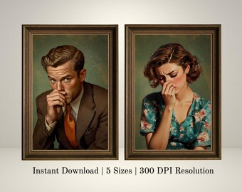 May include: Two framed portraits of people in a vintage style. The man on the left is wearing a brown suit and a tie. The woman on the right is wearing a green floral dress. Both are looking down and have their hands near their faces.