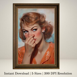 Funny mid-century bathroom wall art printable featuring a vintage 1950s-style man and woman holding their noses in exaggerated disgust. Styled like oil-painted magazine covers, these digital downloads include five sizes at 300 DPI. Perfect for retro bathroom decor, gag gifts, or quirky powder room wall art. Painterly brushstrokes, expressive faces, and classic Americana details bring nostalgic charm and cheeky humor to your home.