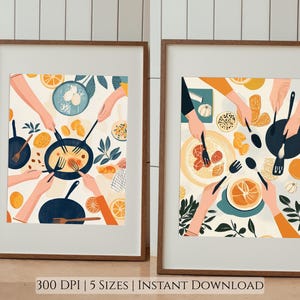 Scandinavian Kitchen Wall Art Set of 2 – Minimalist Food Illustration – Abstract Shared Meal Poster – Modern Dining Room Digital Download