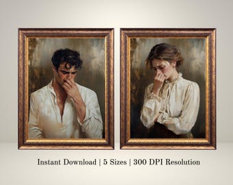 May include: Two framed portraits of people in a distressed, vintage style. The portraits are in gold frames with a brown mount. The person on the left is a man with dark hair and a white shirt. The person on the right is a woman with dark hair and a white shirt. Both people are looking down and appear to be sad.