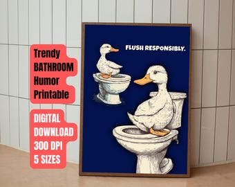 Trendy Blue Navy Funny Duck Bathroom Wall Art, Toilet Humor Printable Wall Decor, Quirky Digital Download Gag Gift Him Her, Toilet Poster