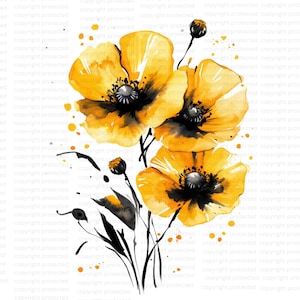 15 Clipart abstrait fleurs jaunes, impression florale de pavot, clipart aquarelle imprimable, haute qualité PNG, téléchargement numérique, créations en papier
