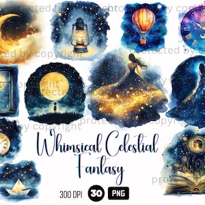 Whimsical Celestial Art Pack: Spiritual Moon, Clock, Book, and Stars Clipart - Instant Digital Download, Mystic Spiritual Clipart