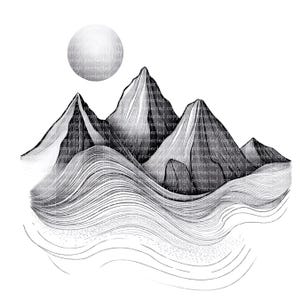 15 majestuosos paisajes de montaña con líneas artísticas: ilustraciones PNG minimalistas de picos de montaña para imprimir, decorar paredes y decorar el hogar.