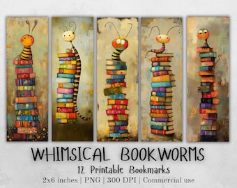 12 Whimsical Bookworms Printable Bookmarks, Digital Download PNG Bookmark Sheets, PNG bookmark sublimation, Quirky Bookish Gift, Kids Crafts