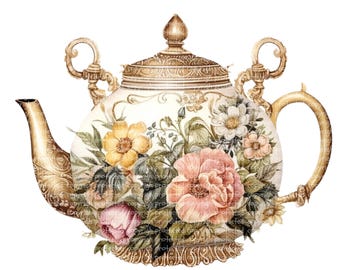 20 PNG Floral Teapot Watercolor Clipart, Vintage Cottagecore Art, Transparent Background, Antique Floral Tea Pot Junk Journals, Invitations