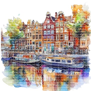 15 imágenes PNG de casas en los canales de Ámsterdam, acuarela, arquitectura holandesa, arte de viajes europeo imprimible para revistas basura, álbumes de recortes y manualidades.