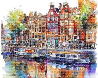 15 PNG Amsterdam Canal Houses Clipart Watercolor Dutch Architecture, Printable European Travel Art for Junk Journals, Scrapbooking & Crafts