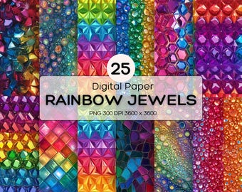 Rainbow Jewels Digital Paper | Glitter & Gemstone Textures | Colorful Scrapbook Backgrounds | Printable Craft Paper for Commercial Use