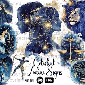 30 Celestial Zodiac Signs Clipart, Astrology PNG, Watercolor Golden Clouds Night Sky, Stars and Moon, Celestial Mystic Clipart PNG Bundle