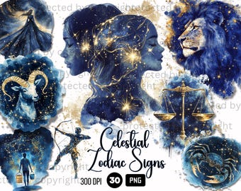 30 Celestial Sternzeichen Clipart, Astrologie PNG, Aquarell Goldene Wolken Nachthimmel, Sterne und Mond, Celestial Mystic Clipart PNG Bundle