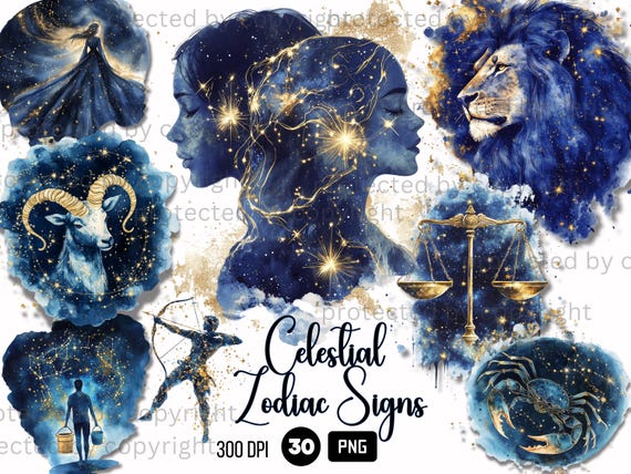 30 Celestial Zodiac Signs Clipart, Astrology PNG, Watercolor Golden Clouds Night Sky, Stars and Moon, Celestial Mystic Clipart PNG Bundle