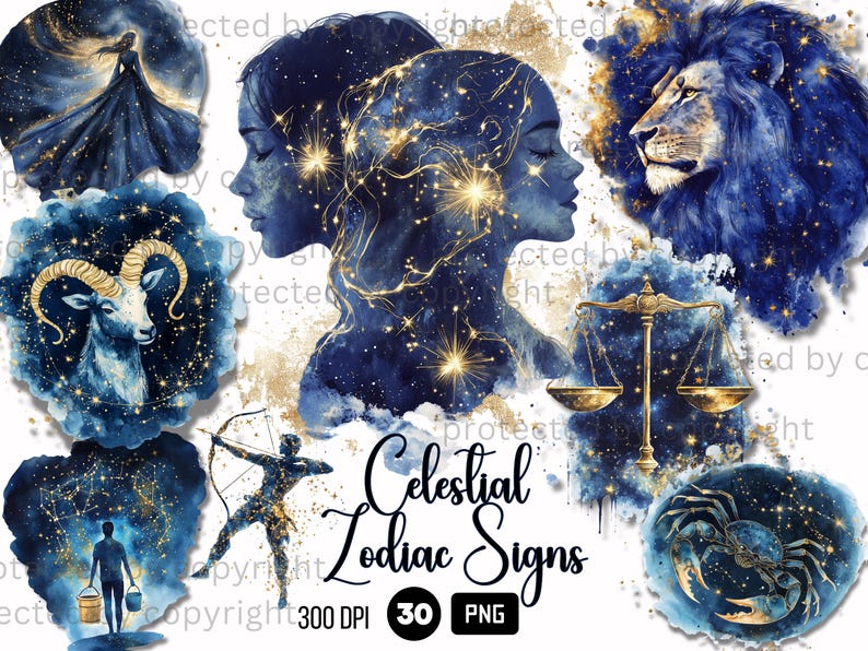 30 Celestial Zodiac Signs Clipart, Astrology PNG, Watercolor Golden Clouds Night Sky, Stars and Moon, Celestial Mystic Clipart PNG Bundle