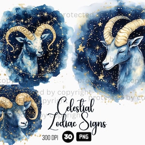 30 Celestial Zodiac Signs Clipart, Astrology PNG, Watercolor Golden Clouds Night Sky, Stars and Moon, Celestial Mystic Clipart PNG Bundle
