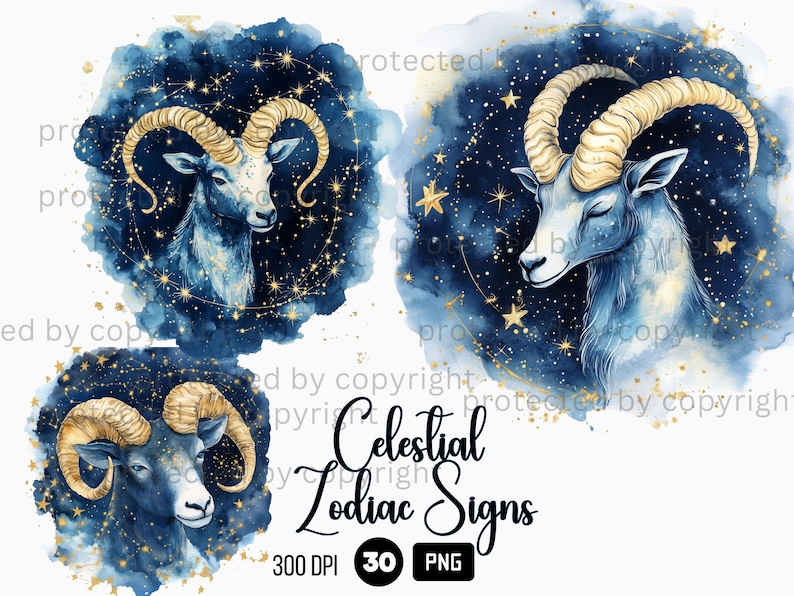 30 Celestial Zodiac Signs Clipart, Astrology PNG, Watercolor Golden Clouds Night Sky, Stars and Moon, Celestial Mystic Clipart PNG Bundle
