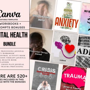 May include: A digital product bundle for mental health, featuring 8 workbooks and 4 bonus prompts. The workbooks include titles such as "Stress Processing Journal", "Anxiety Workbook", "Self Control Activity Book", "Depression Therapy Journal", "Mental Health Book", "ADHD Planner", "Safety Crisis Plan Journal", and "PTSD & Trauma Processing". The image also includes a text overlay that says "There are 520+ pages included in this bundle with the bonuses".