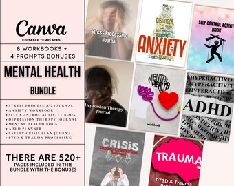 Mental Health Bundle | Workbooks - ADHD Planner, Depression, Anxiety, Stress Processing, Self-control, Safety-crisis, PTSD Trauma Processing