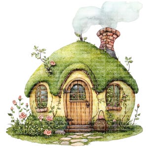 May include: Watercolor illustration of a whimsical cottage with a green thatched roof and a brick chimney. The cottage has a wooden door, arched windows, and is surrounded by pink roses and greenery. Smoke rises from the chimney.