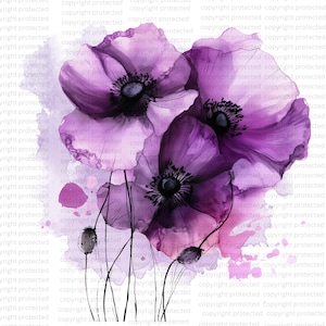 16 fleurs abstraites de pavot violet Clipart, Clipart aquarelle imprimable, impression florale de coquelicots, PNG de haute qualité, téléchargement numérique, créations artisanales en papier