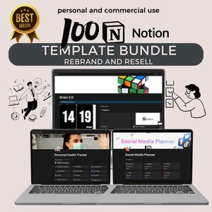 Puede incluir: Un ordenador portátil que muestra un paquete de plantillas de Notion con el texto "100 N Notion Template Bundle" y "Rebrand and Resell". El paquete incluye plantillas para un Brain 2.0, un rastreador de salud personal y un planificador de redes sociales. El portátil está sobre un fondo blanco.