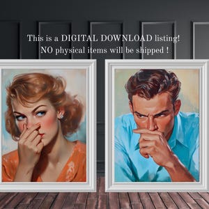 Funny mid-century bathroom wall art printable featuring a vintage 1950s-style man and woman holding their noses in exaggerated disgust. Styled like oil-painted magazine covers, these digital downloads include five sizes at 300 DPI. Perfect for retro bathroom decor, gag gifts, or quirky powder room wall art. Painterly brushstrokes, expressive faces, and classic Americana details bring nostalgic charm and cheeky humor to your home.