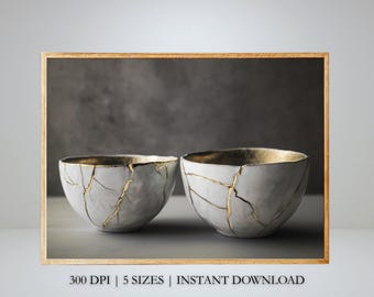 Kintsugi-skålpar, väggkonst – Wabi Sabi Japandi, utskrivbar – foto av sprucken keramik – minimalistisk zendekor – digital nedladdning för par