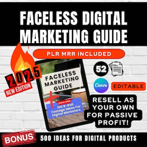 May include: A digital marketing guide with the title "Faceless Marketing Guide" and the text "2025 New Edition" in a red circle. The guide is on a tablet screen and includes the text "PLR MRR Included" and "Special Offer 100 B-Roll Footage Ideas For Digital Marketers". The image also includes the text "Resell As Your Own For Passive Profit!" and "500 Ideas For Digital Products".