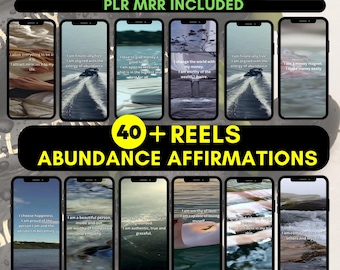 Peut inclure: Présentation d'un produit numérique avec plusieurs écrans de smartphone. Chaque écran affiche des affirmations liées à l'abondance. L'image comprend le texte "PLR MRR INCLUDED" et "40+ REELS ABUNANCE AFFIRMATIONS".