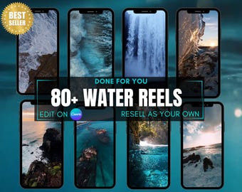 May include: A digital product listing for 80+ water-themed video reels, perfect for use on social media platforms like Instagram and TikTok. The listing includes the text "Done for you", "80+ Water Reels", "Edit on Canva", and "Resell as your own".