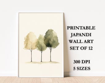 Set of 12 Japandi Tree Prints | Minimalist Watercolor Wall Art | Neutral Botanical Landscape Posters | Zen Nature Home Decor, Wabi Sabi Art
