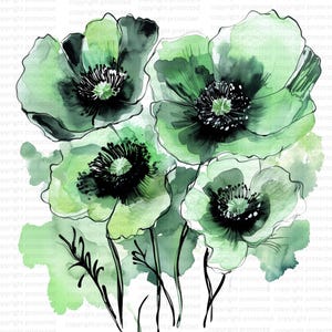 15 Clipart abstrait fleurs de pavot vert, Clipart aquarelle imprimable, impression florale de coquelicots, PNG de haute qualité, téléchargement numérique, créations en papier