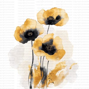12 cliparts abstraits fleurs noires et or, impression florale de pavot, clipart aquarelle imprimable, haute qualité PNG, téléchargement numérique, créations en papier