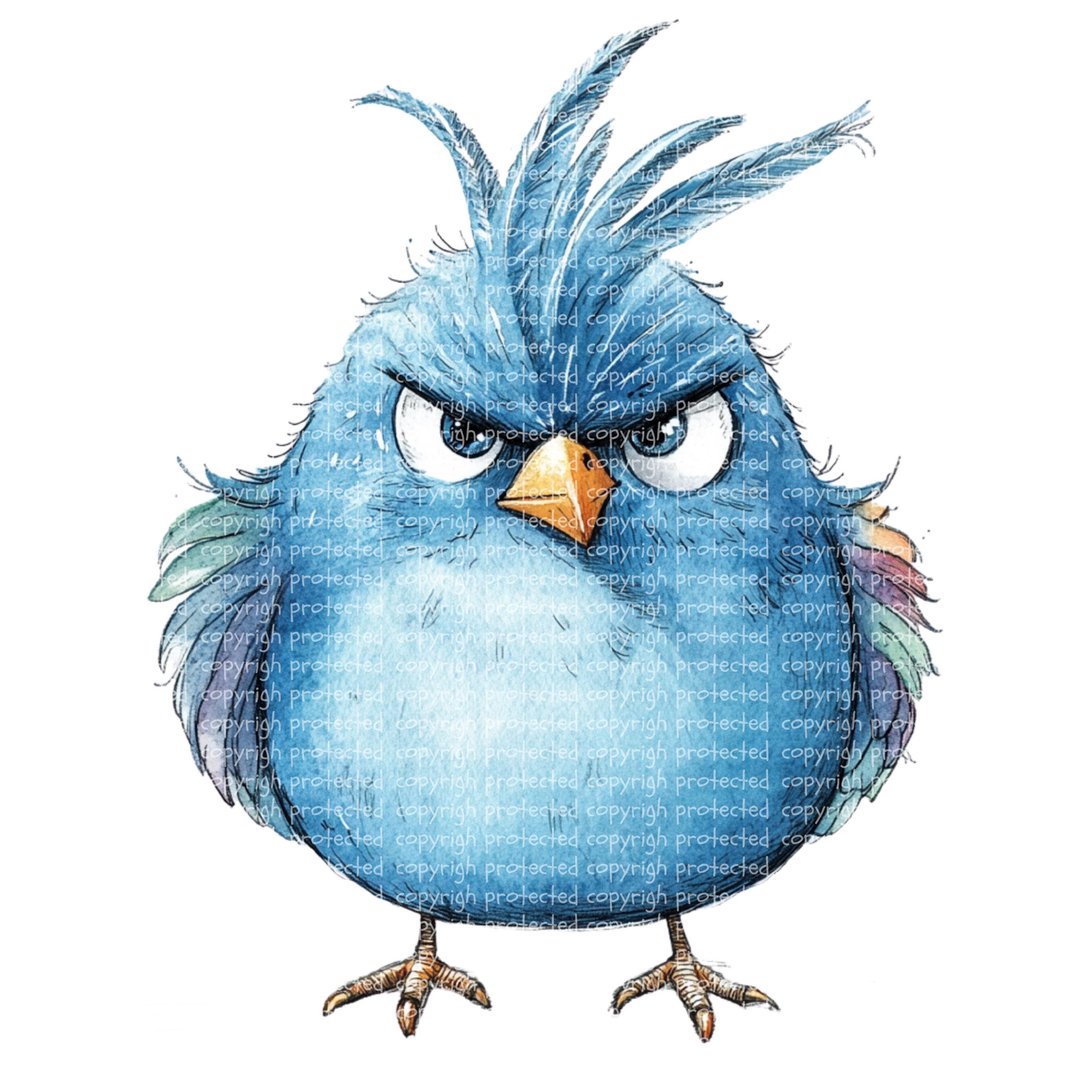 12 Blue Grumpy Birds Clipart – Watercolor Cartoon Bird Pngs, Printable ...