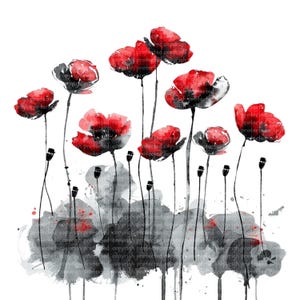 14 PNG abstrait rouge et noir fleurs de pavot Clipart, impression florale coquelicots rouges, clipart aquarelle imprimable, téléchargement numérique, créations de papier
