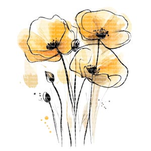 14 PNG abstrait coquelicot jaune, fleurs sauvages coquelicot, clipart fleurs, coquelicots impression florale, clipart aquarelle imprimable, créations en papier