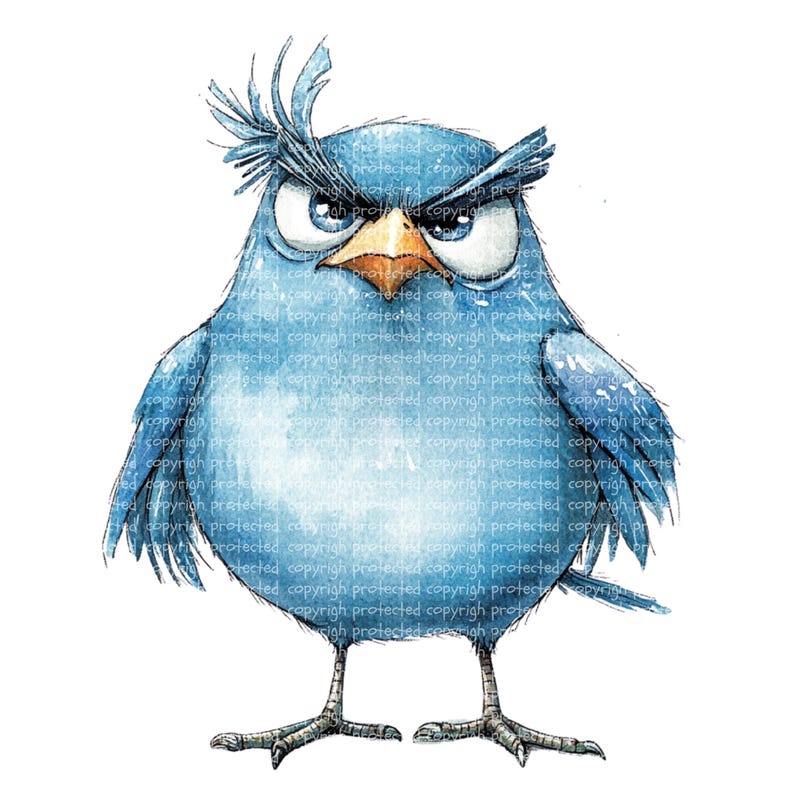 12 Blue Grumpy Birds Clipart – Watercolor Cartoon Bird Pngs, Printable ...