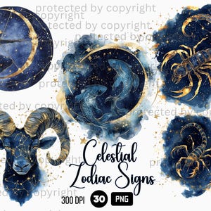 30 Celestial Zodiac Signs Clipart, Astrology PNG, Watercolor Golden Clouds Night Sky, Stars and Moon, Celestial Mystic Clipart PNG Bundle