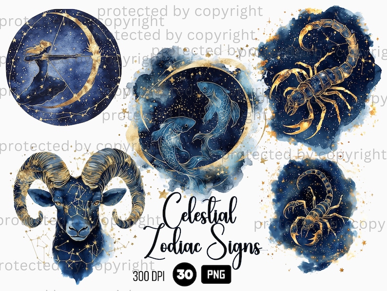 30 Celestial Zodiac Signs Clipart, Astrology PNG, Watercolor Golden Clouds Night Sky, Stars and Moon, Celestial Mystic Clipart PNG Bundle
