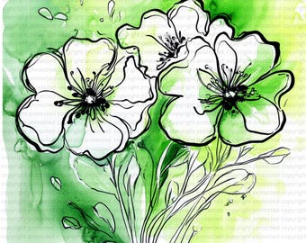 19 Watercolor Ink Flower Clipart – Abstract Floral Line Art PNGs, Digital Hand-Drawn Botanical Illustrations for Crafts, Journals, Printable