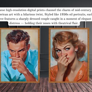 Funny mid-century bathroom wall art printable featuring a vintage 1950s-style man and woman holding their noses in exaggerated disgust. Styled like oil-painted magazine covers, these digital downloads include five sizes at 300 DPI. Perfect for retro bathroom decor, gag gifts, or quirky powder room wall art. Painterly brushstrokes, expressive faces, and classic Americana details bring nostalgic charm and cheeky humor to your home.