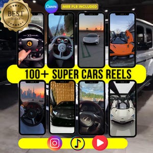 May include: A collage of nine images featuring various luxury cars, including a red Ferrari, a black Lamborghini, and a white McLaren. The images are arranged in a grid pattern and are set against a yellow background. The text "100+ SUPER CARS REELS" is displayed in large, bold letters at the top of the collage.