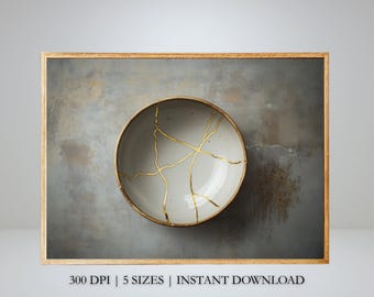 Kintsugi Bowl Wall Art – Wabi Sabi Japandi Decor – Zen Minimalist Printable – Cracked Pottery Digital Download – Neutral Japandi Art Print