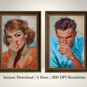 Funny mid-century bathroom wall art printable featuring a vintage 1950s-style man and woman holding their noses in exaggerated disgust. Styled like oil-painted magazine covers, these digital downloads include five sizes at 300 DPI. Perfect for retro bathroom decor, gag gifts, or quirky powder room wall art. Painterly brushstrokes, expressive faces, and classic Americana details bring nostalgic charm and cheeky humor to your home.