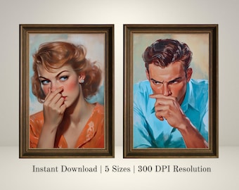 May include: Two framed portraits of people with thoughtful expressions. The woman on the left has red hair and is wearing a peach-colored shirt. The man on the right has brown hair and is wearing a light blue shirt.