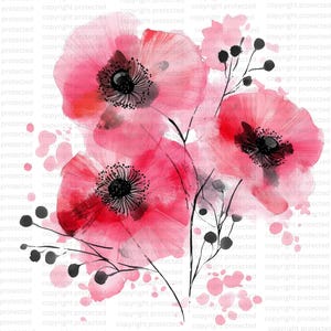 18 clipart abstrait fleurs de pavot rose, clipart aquarelle imprimable, impression florale de coquelicots, haute qualité PNG, téléchargement numérique, créations en papier