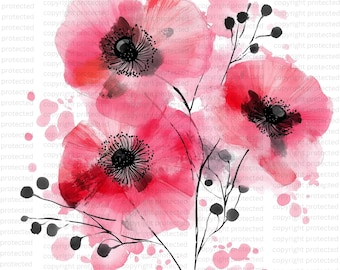 May include: Watercolor painting of three pink poppies with black centers and stems. The flowers are painted in a loose, abstract style, with soft edges and delicate details. The background is white with pink and black watercolor splatters.