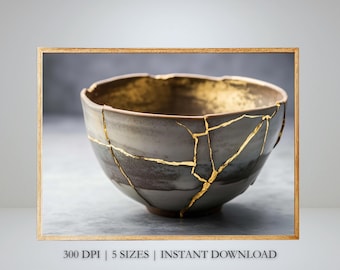 Djärv Kintsugi-skålväggkonst – Wabi Sabi Japandi utskrivbar – Fotografi av sprucken keramik – Mörk minimalistisk dekor – Digital nedladdning av konstverk