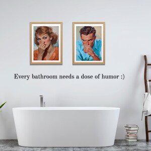 Funny mid-century bathroom wall art printable featuring a vintage 1950s-style man and woman holding their noses in exaggerated disgust. Styled like oil-painted magazine covers, these digital downloads include five sizes at 300 DPI. Perfect for retro bathroom decor, gag gifts, or quirky powder room wall art. Painterly brushstrokes, expressive faces, and classic Americana details bring nostalgic charm and cheeky humor to your home.