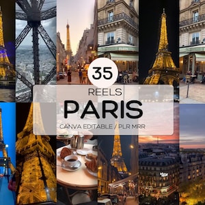 May include: A collage of 35 images of the Eiffel Tower in Paris, France. The images show the tower from different angles and at different times of day. The collage is titled "35 Reels Paris Canva Editable/PLR MRR".
