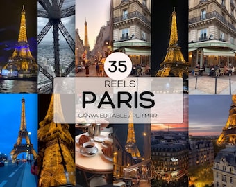 May include: A collage of 35 images of the Eiffel Tower in Paris, France. The images show the tower from different angles and at different times of day. The collage is titled "35 Reels Paris Canva Editable/PLR MRR".